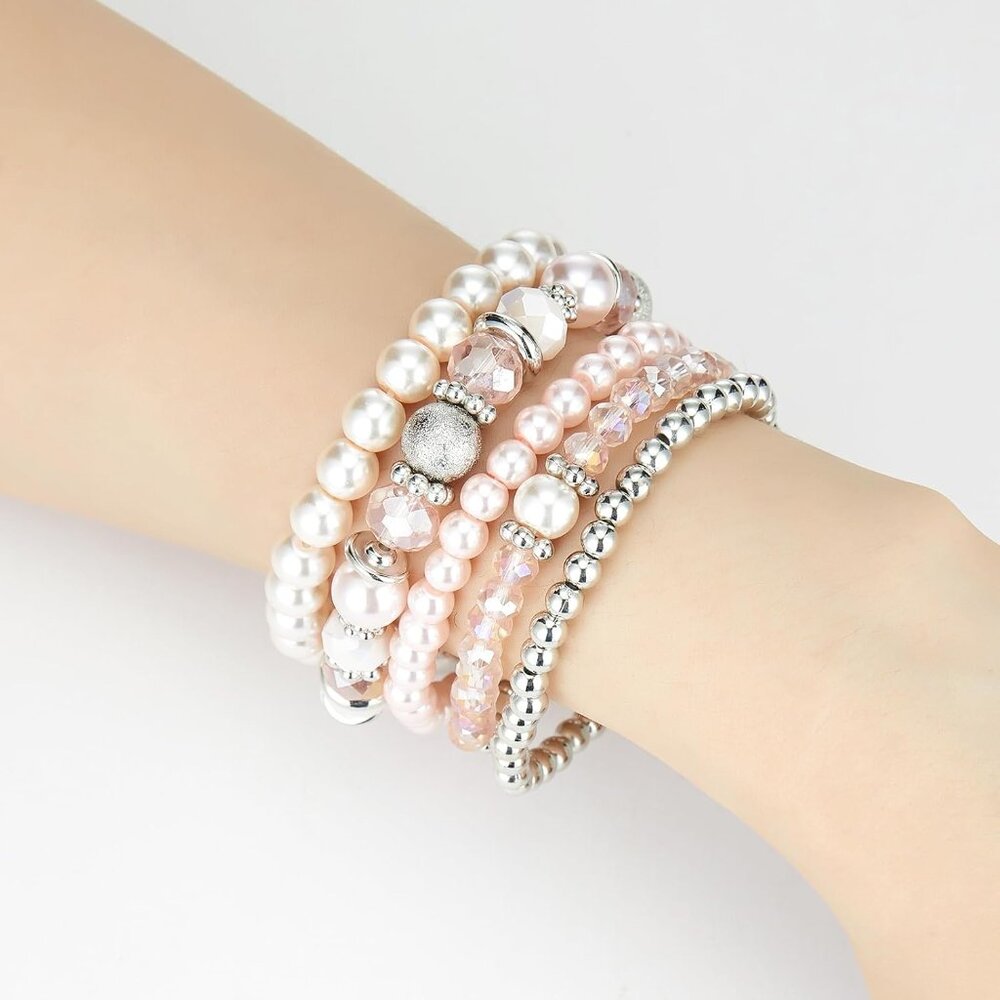 Pink Beaded Pearl Silver Stackable Bracelets For … - image 3